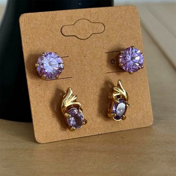 Gold Plated Lavender Zirconia Stud Earrings Anniversary Elegant Gift Set of 2 - Picture 2 of 7